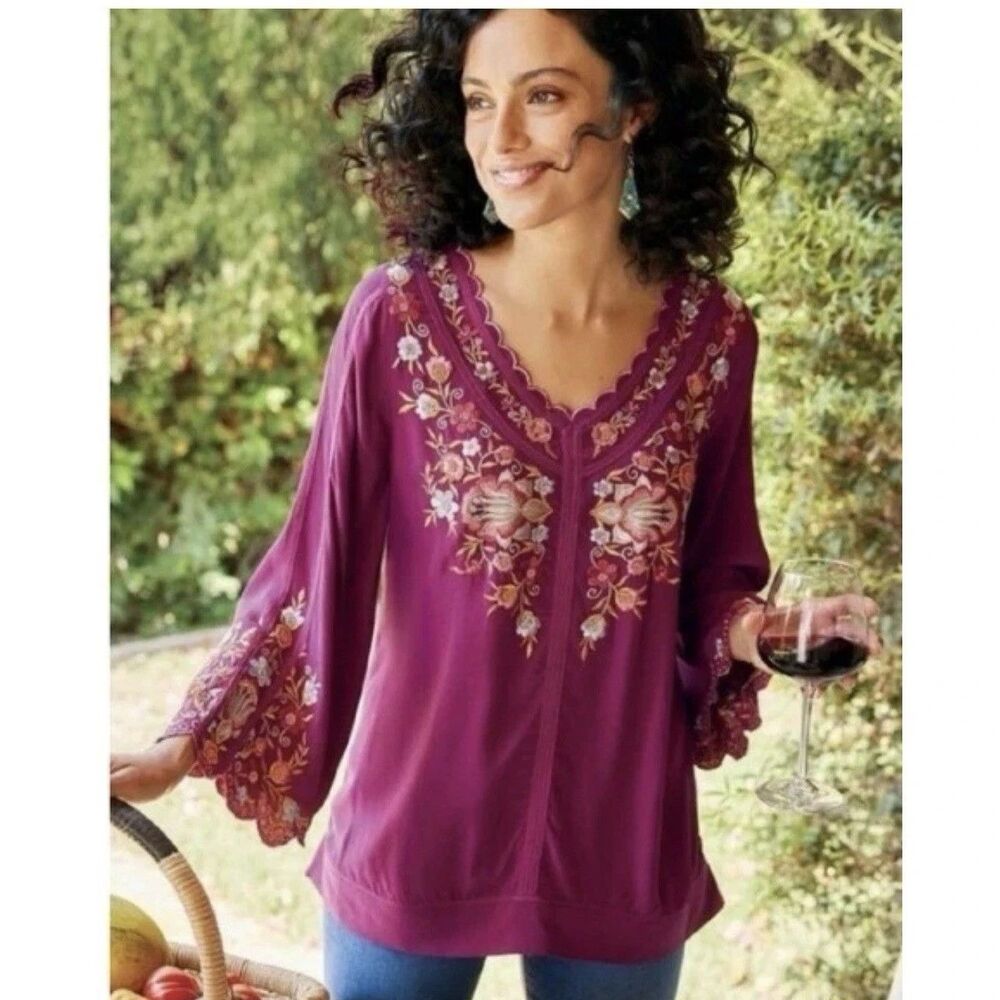 Soft Surroundings Plum Floral Embroidered V-Neck Tunic Top